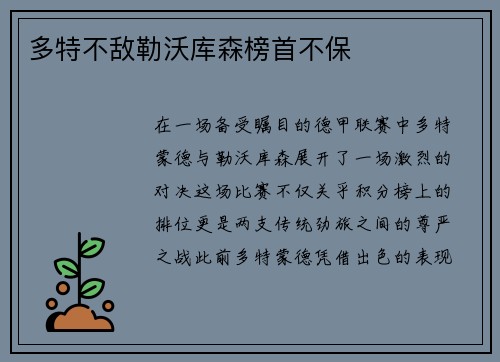多特不敌勒沃库森榜首不保