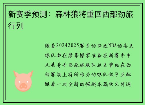 新赛季预测：森林狼将重回西部劲旅行列